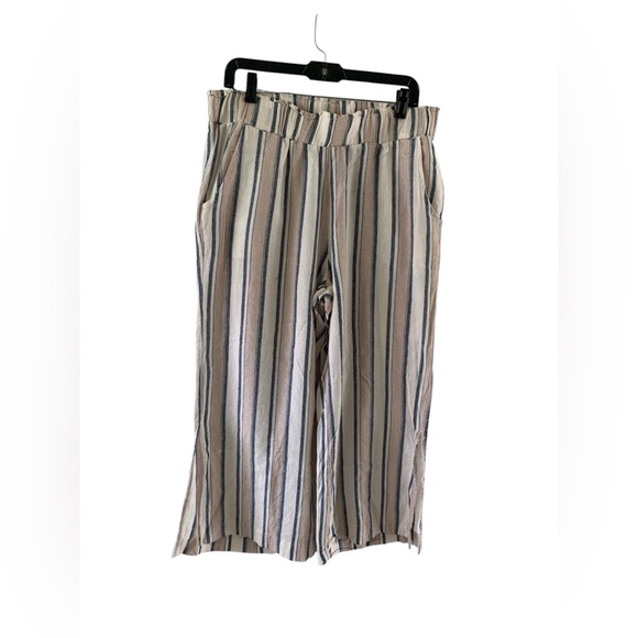 Indigo Rein Pants‎ Linen Blend Striped Belted Waist Cropped Size large - Picture 1 of 5